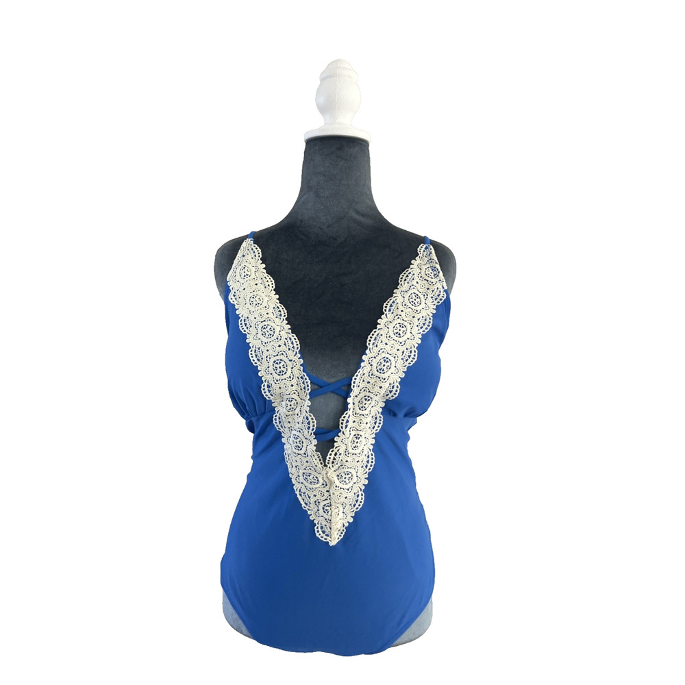 Swimsuit One Piece Blue Boho Crochet Lace V-Neck Plunge Beach Pool Party XXL
